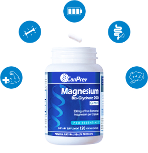 Magnesium Bis-Glycinate 200 bottle with floating capsule and the following illustrations above: muscle health, bone health, energy, gut health and sleep.