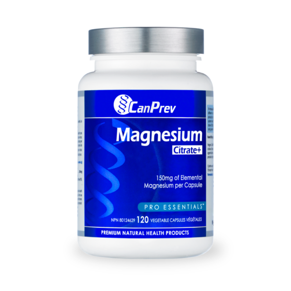 Bottle of CanPrev Magnesium Citrate+ dietary supplement with blue label and silver cap, 120 veggie capsules visible on the label.