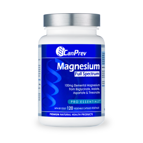 Bottle of CanPrev Magnesium Full Spectrum supplement with blue label and silver cap, 120 veggie capsules