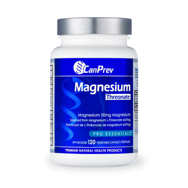 CanPrev Magnesium Threonate dietary supplement bottle with blue label and silver cap, 120 vegetarian capsules, on a dark background