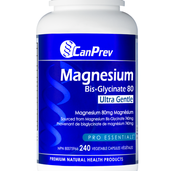 CanPrev Magnesium Bis-Glycate 80 Ultra Gentle bottle with 240 veggie capsules, blue and white labeling