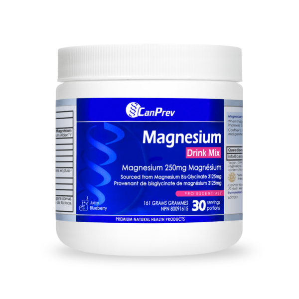 CanPrev Magnesium Drink Mix tub with blue label advertising 250 mg magnesium per serving, 30 servings.