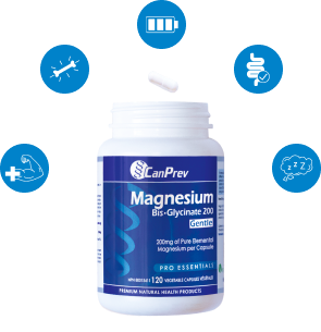 Magnesium Bis-Glycinate 200 bottle with floating capsule and the following illustrations above: muscle health, bone health, energy, gut health and sleep.