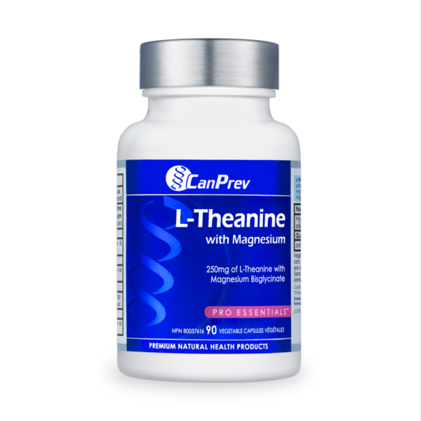 L-Theanine supplement bottle by CanPrev with magnesium, blue label, 90 veggie capsules (dietary supplement)