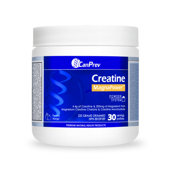 CanPrev Creatine MagnaPower dietary supplement powder container, blue label, 30 servings.