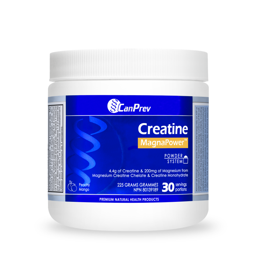 CanPrev Creatine MagnaPower dietary supplement powder container, blue label, 30 servings.