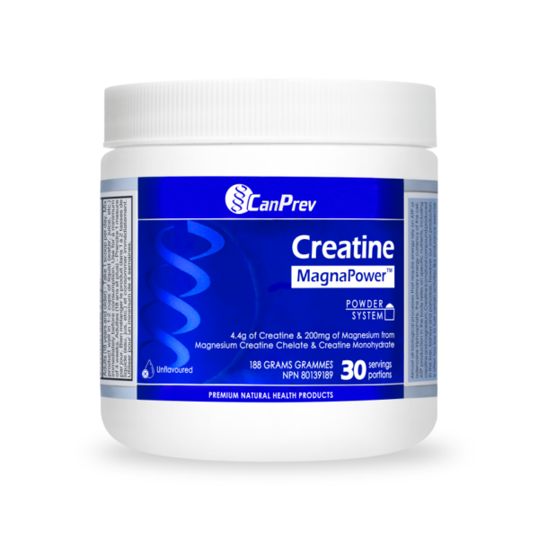 White jar of CanPrev Creatine MagnaPower powder supplement with a blue label and white lid