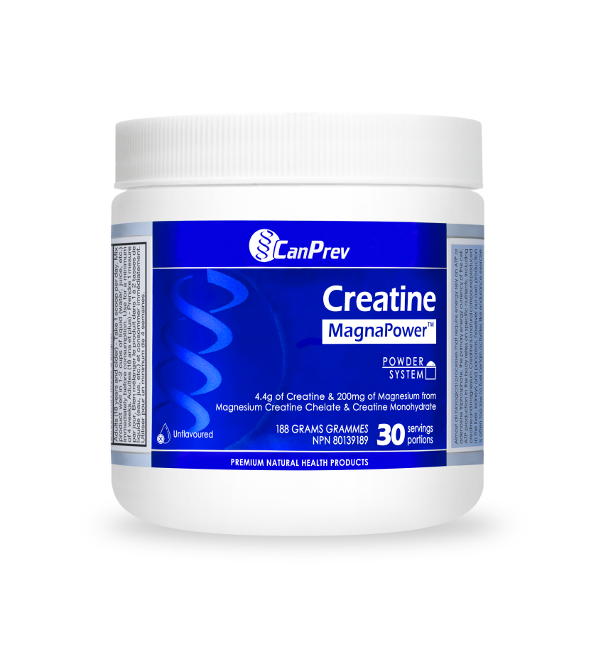 White jar of CanPrev Creatine MagnaPower powder supplement with a blue label and white lid
